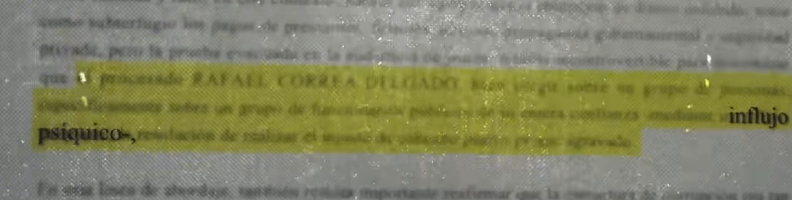 Documento judicial ecuatoriano con la expresión "influjo psíquico", origen del documental sobre lawfare en América Latina.